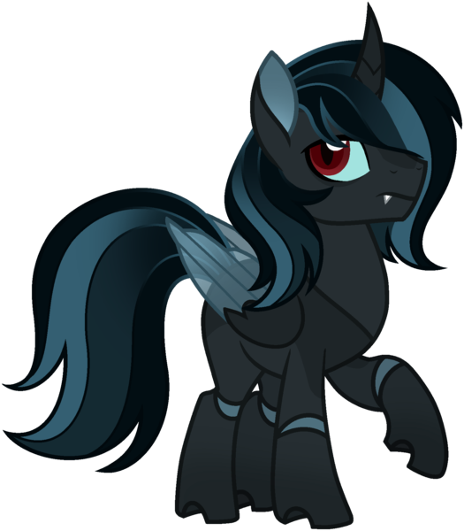 Size: 1586x1814 | Tagged: safe, artist:strawberry-spritz, derpibooru import, oc, oc:grimoire, unofficial characters only, changepony, hybrid, g4, base used, black body, blue mane, blue sclera, blue tail, blue wingtips, coat markings, colored pinnae, colored sclera, colored wings, colored wingtips, commission, countershading, curved horn, facial markings, fangs, folded wings, frown, gradient mane, gradient pinnae, gradient tail, horn, hybrid wings, image, interspecies offspring, leg markings, looking back, male, male oc, offspring, parent:king sombra, parent:queen chrysalis, parents:chrysombra, png, profile, raised leg, red eyes, simple background, solo, stallion oc, standing, standing on three hooves, tail, transparent background, transparent wings, wings