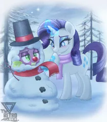 Size: 2000x2286 | Tagged: safe, artist:theretroart88, derpibooru import, rarity, spike, dragon, pony, unicorn, g4, 2d, amused, christmas, clothes, cutie mark, eyeshadow, female, holiday, horn, image, makeup, male, outdoors, png, scarf, snow, snowman, tree, unamused, winter