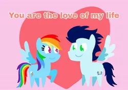 Size: 3553x2499 | Tagged: safe, anonymous artist, derpibooru import, rainbow dash, soarin', pegasus, pony, series:soarindash relationship, series:soarindash romantic tales, g4, derpibooru exclusive, female, image, jpeg, looking at each other, looking at someone, male, mare, pointy ponies, shipping, smiling, smiling at each other, soarindash, stallion, straight, text