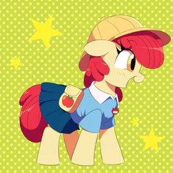 Size: 1500x1500 | Tagged: safe, artist:spoonie, derpibooru import, apple bloom, earth pony, pony, g4, adorabloom, badge, bag, blue shirt, blue skirt, blushing, clothes, collared shirt, cute, female, filly, foal, full body, hat, image, kindergarten uniform, open mouth, png, polka dot background, saddle bag, school hat, school uniform, shirt, skirt, solo, stars, yellow hat