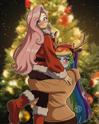 Size: 1024x1280 | Tagged: safe, artist:masterdestroyzj, derpibooru import, fluttershy, rainbow dash, human, equestria girls, g4, ass, belt, blushing, boots, butt, christmas, christmas tree, clothes, coat, costume, duo, duo female, fake antlers, female, flutterdash, grin, hairband, holiday, hoodie, hug, image, jpeg, lesbian, lifting, pants, santa costume, shipping, shoes, smiling, tree