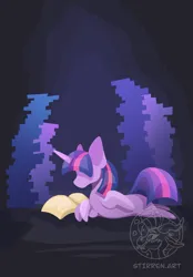 Size: 1640x2360 | Tagged: safe, artist:stirren, derpibooru import, twilight sparkle, twilight sparkle (alicorn), alicorn, pony, g4, book, chibi, crossed legs, image, lying down, pile of books, png, reading, smol