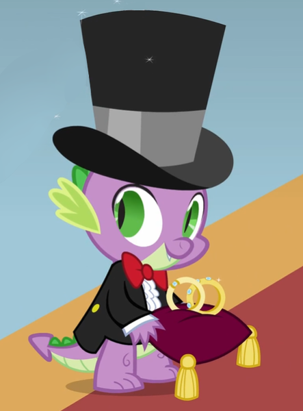 Size: 470x637 | Tagged: safe, derpibooru import, screencap, spike, dragon, a canterlot wedding, g4, bowtie, clothes, hat, image, male, my little pony, png, ring bearer, solo, suit, top hat