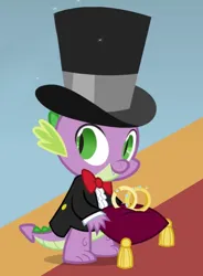 Size: 470x637 | Tagged: safe, derpibooru import, screencap, spike, dragon, a canterlot wedding, g4, bowtie, clothes, hat, image, male, my little pony, png, ring bearer, solo, suit, top hat