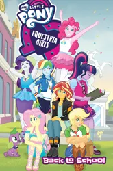 Size: 988x1500 | Tagged: safe, derpibooru import, idw, applejack, fluttershy, pinkie pie, rainbow dash, rarity, sci-twi, spike, spike the regular dog, sunset shimmer, twilight sparkle, dog, human, equestria girls, g4, arm behind head, armpits, book, canterlot high, cover art, female, glasses, grin, humane five, humane seven, humane six, image, jpeg, looking at you, male, official comic, reading, smiling, smiling at you