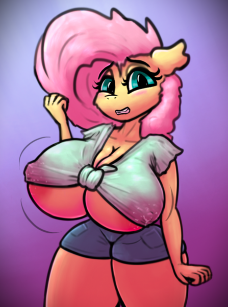 Size: 692x928 | Tagged: questionable, artist:ismyaltaccount, derpibooru import, fluttershy, g4, areola, big breasts, blushing, breast milk, breasts, busty fluttershy, clothes, curvy, erect nipples, female, floppy ears, front knot midriff, gradient background, gritted teeth, huge breasts, image, impossibly large breasts, lactation, lactation through clothing, looking away, midriff, milk, nipple outline, png, solo, solo female, teeth, tight clothing