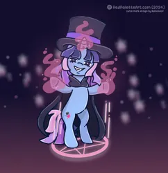 Size: 2488x2569 | Tagged: safe, artist:redpalette, derpibooru import, oc, oc:flawless sparklemoon, unicorn, cape, cloak, clothes, fusion, fusion:trixie, fusion:twilight sparkle, fusion:twixie, hat, horn, image, looking at you, magic, png, runes, smiling, smiling at you, sparkles, squint, standing, standing on two hooves, starry eyes, teeth, telekinesis, top hat, unicorn oc, wingding eyes