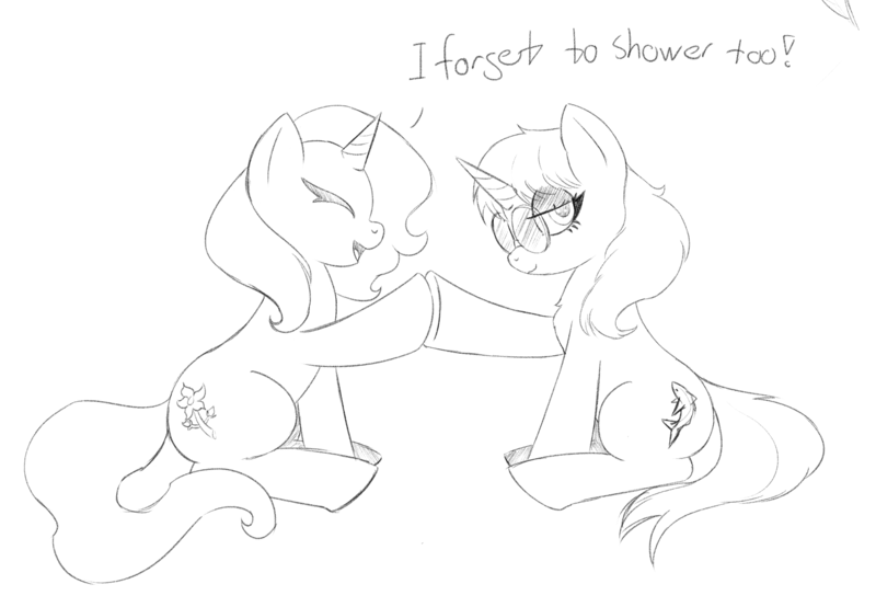 Size: 3024x2094 | Tagged: safe, artist:lillslim, derpibooru import, oc, oc:almond blossom, unofficial characters only, pony, unicorn, g4, chest fluff, cutie mark, dialogue, glasses, hoofbump, horn, image, looking away, monochrome, png, sitting, sketch, smiling, text