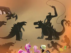 Size: 1033x774 | Tagged: safe, derpibooru import, daring do, fluttershy, princess cadance, ape, gorilla, kaiju, fanfic:a king to a god, g4, godzilla, godzilla (series), hieroglyphics, image, jpeg, mothra, shimo, skar king