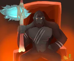 Size: 984x812 | Tagged: safe, artist:lordshrekzilla20, derpibooru import, ape, kaiju, fanfic:a king to a god, axe, barely pony related, image, jpeg, king kong, throne, weapon