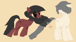 Size: 1911x1058 | Tagged: safe, artist:kraft, oc, oc:fluffy fluster, oc:octane red, unofficial characters only, /bale/, beige background, black mane, black tail, blushing, gray mane, gray tail, image, jewelry, long mane, long tail, necklace, png, text