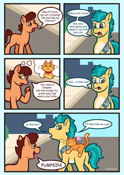 Size: 2550x3600 | Tagged: safe, artist:artisticwerks, derpibooru import, hitch trailblazer, oc, cat, pony, g5, blank flank, comic, cute, image, jpeg, orange fur, those critters sure do love that pony, thought bubble