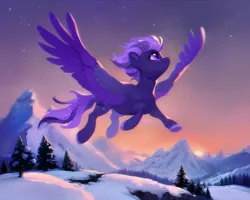 Size: 1000x800 | Tagged: safe, ai content, derpibooru import, oc, oc:shadow galaxy, unofficial characters only, pegasus, pony, ai composition, ethereal mane, female, flying, hooves, image, large wings, mare, mountain, mountain range, pegasus oc, pine tree, png, prompter:shad0w-galaxy, smiling, snow, solo, spread wings, starry eyes, starry mane, starry tail, stars, sunset, tail, tree, wingding eyes, wings