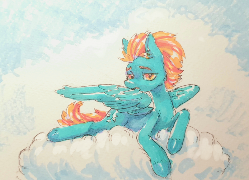 Size: 1600x1160 | Tagged: safe, artist:kovoranu, derpibooru import, lightning dust, pegasus, pony, g4, female, grooming, image, looking at you, mare, marker drawing, png, preening, solo, spread wings, traditional art, wings