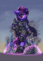 Size: 1614x2283 | Tagged: safe, artist:ravistdash, derpibooru import, oc, oc:velocity, unofficial characters only, pony, semi-anthro, unicorn, bipedal, boots, bounty hunter, city, clothes, commission, crush fetish, destruction, female, fetish, force field, giant pony, giantess, gun, hoof boots, horn, image, macro, magic, mare, mare oc, mega giant, outdoors, outfit, png, rampage, shoes, size difference, smug, tactical gear, tacticool, unicorn oc, weapon