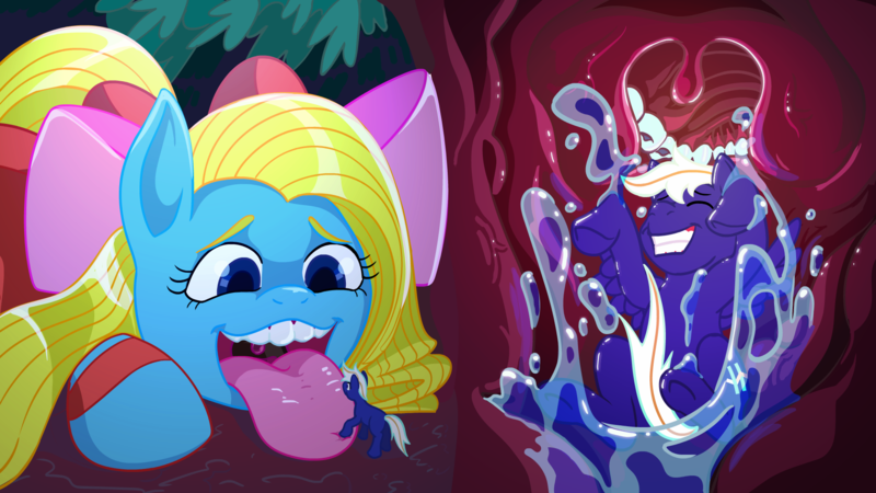 Size: 1920x1080 | Tagged: suggestive, artist:feedfancier, derpibooru import, oc, oc:cuteamena, oc:electric blue, pony, bow, clothes, couple, crouching, drool, electricute, female, here we go again, image, mouth cam, nervous, oc x oc, open mouth, png, shipping, smiling, socks, swallowing, teeth, tree, uvula, vore