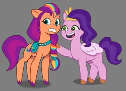 Size: 1245x899 | Tagged: safe, derpibooru import, pipp petals, sunny starscout, g5, my little pony: tell your tale, duo, female, gray background, image, png, simple background, toon boom, uncomfortable