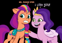 Size: 965x674 | Tagged: safe, derpibooru import, pipp petals, sunny starscout, g5, my little pony: tell your tale, duo, female, gray background, i love you, image, png, simple background, text, toon boom, uncomfortable