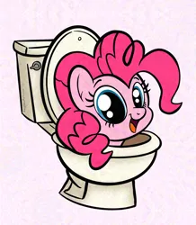 Size: 2242x2568 | Tagged: safe, artist:amynewblue, derpibooru import, pinkie pie, earth pony, pony, g4, image, pink background, png, silly, simple background, skibidi toilet, solo, toilet