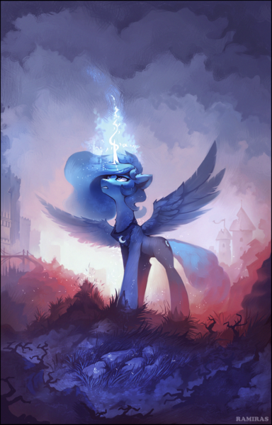 Size: 1870x2925 | Tagged: safe, artist:ramiras, derpibooru import, princess luna, alicorn, pony, fanfic, fanfic:tales of the moon, g4, city, fanfic art, fanfic cover, female, glow, glowing horn, high res, horn, image, magic, mare, outdoors, png, slender, slim, solo, spread wings, standing, thin, wings