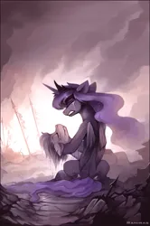 Size: 1323x1996 | Tagged: semi-grimdark, artist:ramiras, derpibooru import, princess luna, oc, oc:ruby of canter, alicorn, earth pony, pony, fanfic:lunangrad, g4, battlefield, crying, duo, ethereal mane, eyes closed, fanfic art, female, folded wings, holding a pony, horn, image, mare, outdoors, png, sad, shipping, this ended in death, this ended in pain, this ended in tears, wings