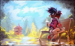 Size: 2655x1627 | Tagged: safe, artist:ramiras, derpibooru import, oc, oc:caiya, unofficial characters only, gryphon, bench, coffee, eared griffon, forest, griffon oc, image, nature, outdoors, png, sitting, solo, tree