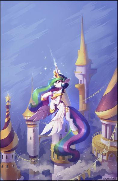 Size: 1924x2941 | Tagged: safe, artist:ramiras, derpibooru import, princess celestia, alicorn, pony, fanfic, fanfic:tales of the sun, g4, canterlot, castle, crown, fanfic art, fanfic cover, female, flying, glow, glowing horn, high res, hoof shoes, horn, image, jewelry, magic, magic aura, mare, outdoors, peytral, png, princess shoes, regalia, solo, spread wings, wings