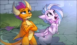 Size: 1616x954 | Tagged: safe, artist:ramiras, derpibooru import, silverstream, smolder, classical hippogriff, dragon, hippogriff, g4, season 9, uprooted, spoiler:s09, belly, blue eyes, crossed arms, cute, diastreamies, dragon horns, dragoness, duo, duo female, excited, fangs, female, folded wings, happy, horns, image, jewelry, looking up, my little pony, open mouth, open smile, outdoors, pendant, png, smiling, smolderbetes, sparkles, unamused, unimpressed, varying degrees of want, wings