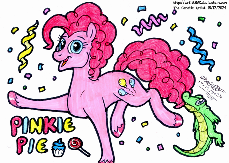 Size: 3224x2300 | Tagged: safe, artist:artistnjc, derpibooru import, gummy, pinkie pie, alligator, earth pony, pony, g4, biting, candy, confetti, cupcake, food, image, lollipop, looking at you, png, signature, simple background, smiling, smiling at you, solo, standing, standing on one leg, streamers, text, traditional art, wide smile