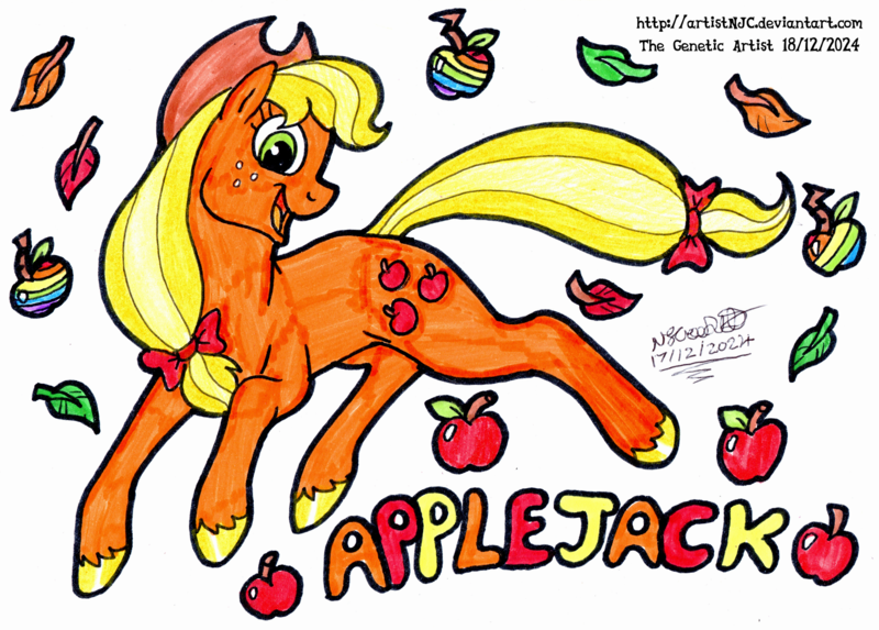 Size: 3238x2318 | Tagged: safe, artist:artistnjc, derpibooru import, applejack, earth pony, pony, g4, apple, applejack's hat, autumn leaves, bow, colored hooves, cowboy hat, food, hair bow, hat, hooves, image, leaf, leaves, png, signature, simple background, smiling, solo, tail, tail bow, text, traditional art, zap apple