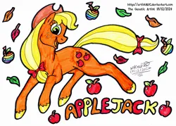 Size: 3238x2318 | Tagged: safe, artist:artistnjc, derpibooru import, applejack, earth pony, pony, g4, apple, applejack's hat, autumn leaves, bow, colored hooves, cowboy hat, food, hair bow, hat, hooves, image, leaf, leaves, png, signature, simple background, smiling, solo, tail, tail bow, text, traditional art, zap apple