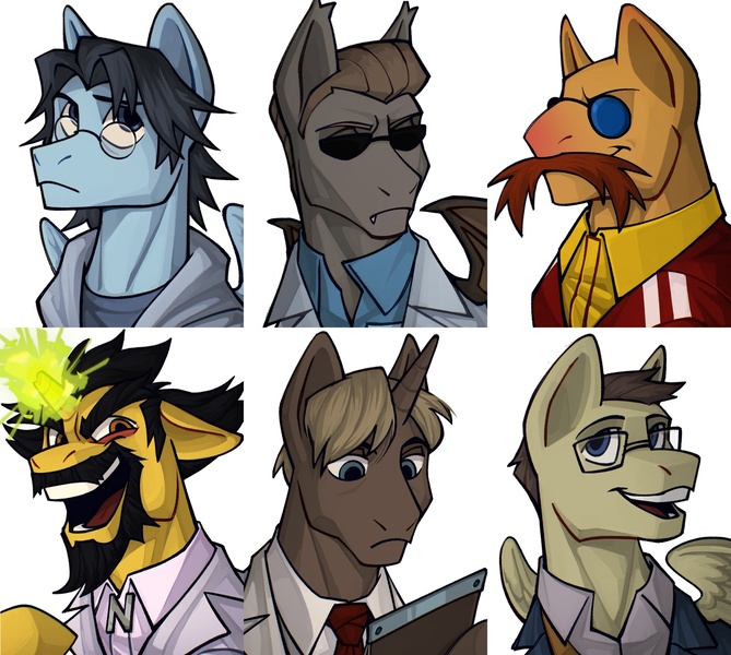 Size: 2560x2297 | Tagged: safe, artist:bunnyshrubby, derpibooru import, oc, oc:albert wesker, oc:dr eggman, oc:dr neo cortex, oc:dr robotnik, oc:heartman, oc:otacon, oc:william birkin, unofficial characters only, bat pony, pegasus, pony, unicorn, equestria at war mod, g4, bat pony oc, bat wings, beard, bust, clothes, crossover, facial hair, fangs, glasses, group, high res, horn, image, jacket, jpeg, male, men, my little pony, necktie, new characters for equestria at war, new characters for equestria at war mod, open mouth, portraits, raised hoof, simple background, smiling, suit, wings