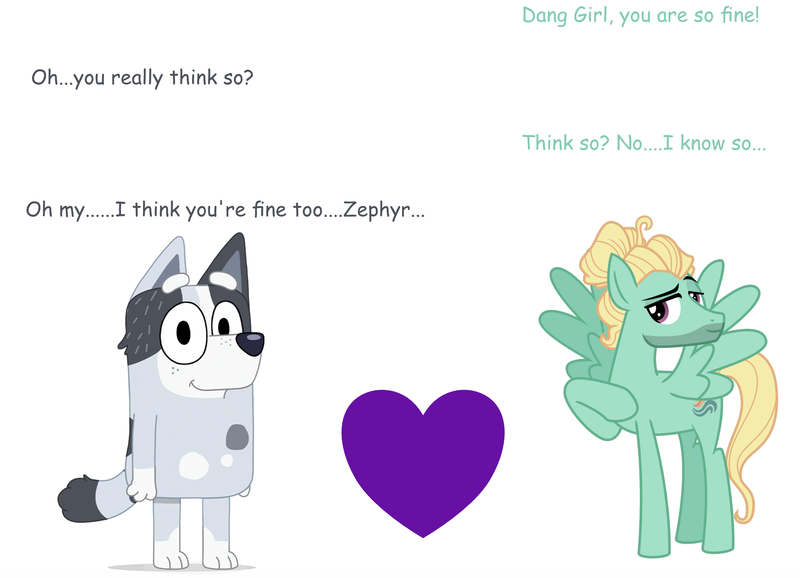 Size: 1924x1390 | Tagged: safe, derpibooru import, zephyr breeze, dog, pegasus, g4, bluey, comic sans, crack shipping, crossover, crossover shipping, flirting, heart, image, png, shipping, simple background, smiling, text, trixie heeler, wat, white background