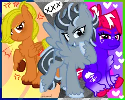 Size: 606x487 | Tagged: safe, artist:kharmacal, derpibooru import, oc, oc:cloudy night, oc:clovis point, oc:sour shock, unofficial characters only, pegasus, abstract background, chest fluff, cross-popping veins, dreamworks face, ear fluff, emanata, eyestrain warning, freckles, grin, heart, image, looking at you, png, raised hoof, shit eating grin, show accurate, sitting, smiling, trio, two toned hair, unshorn fetlocks