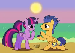 Size: 7015x4960 | Tagged: safe, artist:gabriel18017, derpibooru import, flash sentry, twilight sparkle, twilight sparkle (alicorn), alicorn, pegasus, pony, g4, beach, clothes, female, flashlight, image, male, marriage proposal, png, sarong, see-through, shipping, straight