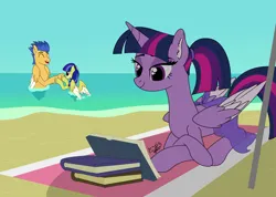 Size: 9215x6560 | Tagged: safe, artist:gabriel18017, derpibooru import, flash sentry, twilight sparkle, twilight sparkle (alicorn), alicorn, pegasus, pony, g4, alternate hairstyle, beach, book, bookhorse, clothes, father and child, father and daughter, female, flashlight, holding hooves, image, lying down, male, offspring, parent:flash sentry, parent:twilight sparkle, parents:flashlight, partially submerged, png, ponytail, prone, reading, sarong, see-through, shipping, smiling, straight, trio