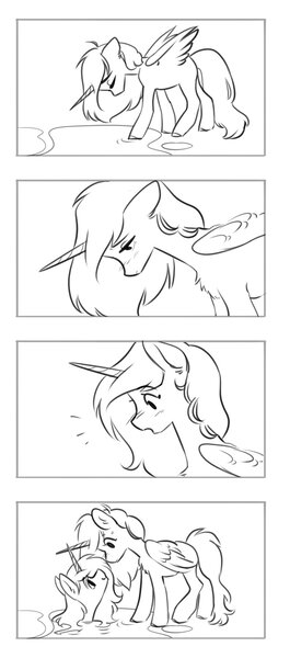 Size: 1812x4096 | Tagged: safe, artist:opalacorn, derpibooru import, oc, unofficial characters only, alicorn, pony, 4 panel comic, 4koma, black and white, comic, duo, grayscale, image, jpeg, monochrome, no dialogue, self paradox, self ponidox, simple background, swimming pool, white background