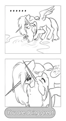 Size: 2237x4096 | Tagged: safe, artist:opalacorn, derpibooru import, oc, unofficial characters only, alicorn, pony, ..., 2 panel comic, black and white, comic, duo, duo female, eyes closed, female, grayscale, hug, image, jpeg, mare, monochrome, self paradox, self ponidox, simple background, speech bubble, swimming pool, white background