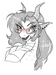 Size: 2084x2786 | Tagged: safe, artist:opalacorn, derpibooru import, oc, oc:trinket heart, unofficial characters only, dragon, blushing, bust, dragoness, dragonified, female, glasses, grayscale, horns, image, jpeg, monochrome, open mouth, open smile, partial color, sharp teeth, simple background, smiling, solo, species swap, teeth, white background