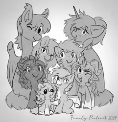 Size: 3333x3454 | Tagged: safe, artist:opalacorn, derpibooru import, oc, unofficial characters only, bat pony, pony, unicorn, baby, baby pony, bat pony oc, bat wings, black and white, colt, eye clipping through hair, eyebrows, eyebrows visible through hair, family, family photo, female, filly, floppy ears, foal, freckles, gradient background, grayscale, horn, image, jpeg, looking at you, male, mare, monochrome, one eye closed, open mouth, open smile, signature, smiling, smiling at you, stallion, wings, wink, winking at you