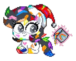 Size: 500x400 | Tagged: safe, artist:chssam, derpibooru import, oc, oc:pixel palette, unofficial characters only, earth pony, pony, g4, my little pony: pony life, bucket, christmas, digital art, earth pony oc, female, female oc, hat, heart, heart eyes, holiday, image, magic, manepxls, mare, mascot, messy, paint, pixel art, png, pxls.space, santa hat, simple background, sitting, smiling, solo, transparent background, wingding eyes