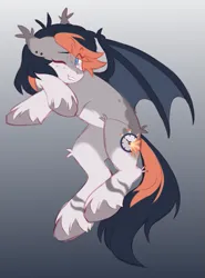 Size: 497x671 | Tagged: safe, artist:cheekipone, ponerpics import, oc, oc:split second, unofficial characters only, bat pony, pony, bat pony oc, bat wings, crossed hooves, ear piercing, ear tufts, eye clipping through hair, eyebrow piercing, female, floppy ears, freckles, gradient background, image, mare, one eye closed, piercing, png, raised eyebrow, smiling, socks (coat marking), solo, spread wings, two toned mane, two toned tail, unshorn fetlocks, wings