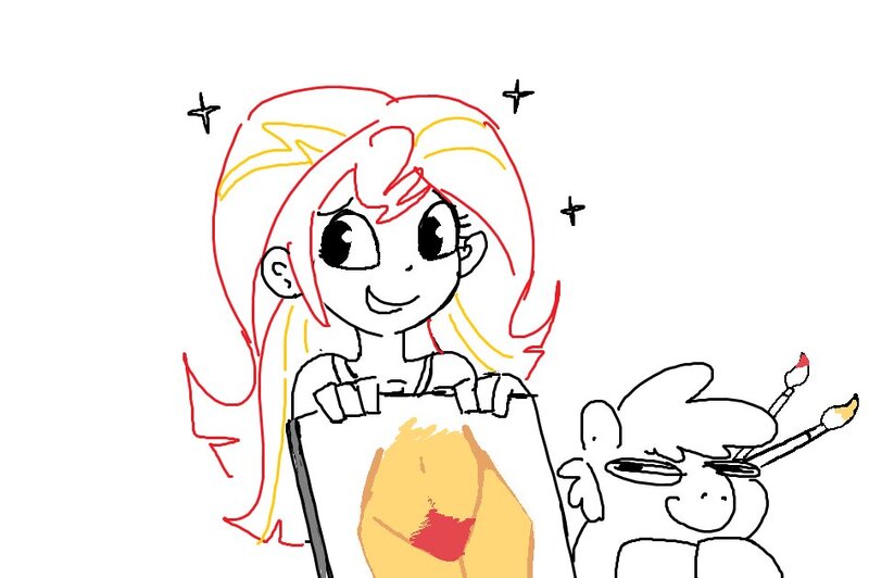 Size: 946x629 | Tagged: suggestive, artist:tjpones, derpibooru import, sunset shimmer, oc, oc:tjpones, earth pony, human, pony, equestria girls, g4, doodle, duo, duo male and female, female, firecrotch, grin, hooves together, image, jpeg, male, paintbrush, partial color, pubic hair, simple background, smiling, sparkles, stallion, white background