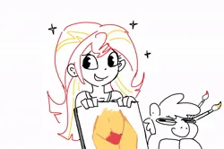 Size: 946x629 | Tagged: suggestive, artist:tjpones, derpibooru import, sunset shimmer, oc, oc:tjpones, earth pony, human, pony, equestria girls, g4, doodle, duo, duo male and female, female, firecrotch, grin, hooves together, image, jpeg, male, paintbrush, partial color, pubic hair, simple background, smiling, sparkles, stallion, white background