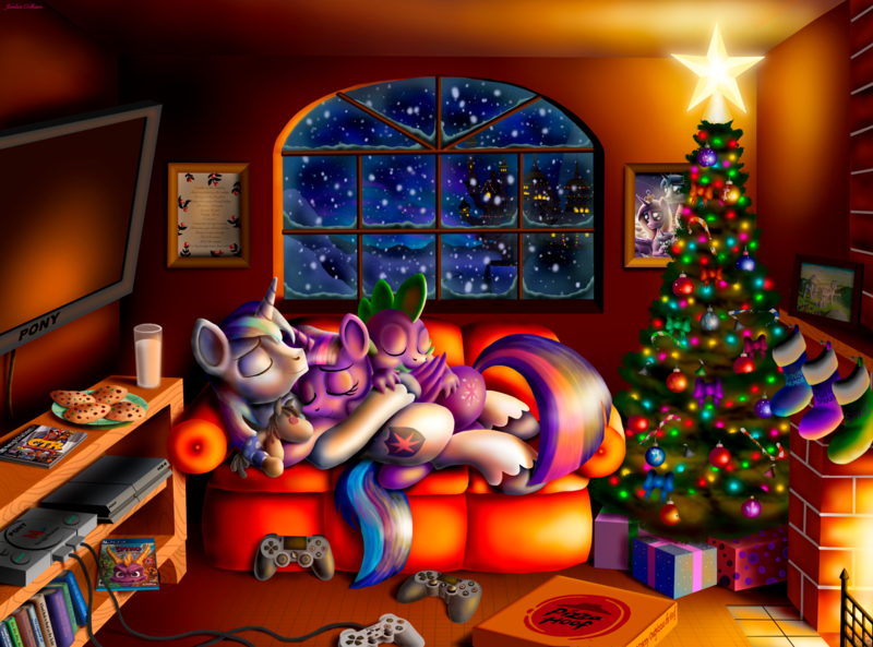 Size: 2520x1868 | Tagged: safe, artist:jac59col, derpibooru import, night light, princess cadance, princess flurry heart, shining armor, smarty pants, spike, twilight sparkle, twilight sparkle (alicorn), twilight velvet, alicorn, dragon, pony, unicorn, g4, bbbff, book, canterlot, christmas, christmas stocking, christmas tree, cookie, couch, crash bandicoot (series), cuddling, fireplace, food, hearth's warming, heartwarming, holiday, home alone, horn, image, milk, night, ornaments, picture frame, pizza box, pizza hut, playstation, playstation 4, png, present, sequel, sibling bonding, sibling love, siblings, snow, snowfall, spyro the dragon (series), television, tree