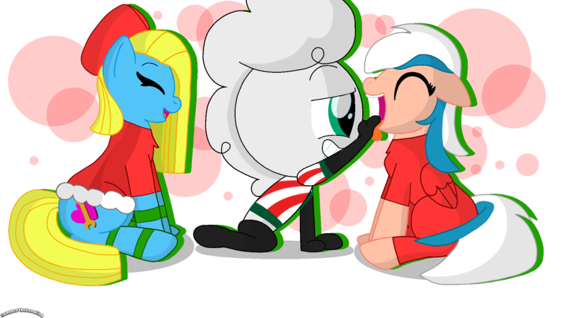 Size: 1920x1080 | Tagged: suggestive, artist:cooperthedoodlian, derpibooru import, oc, oc:cuteamena, oc:flushie, earth pony, pegasus, pony, birthday, birthday gift, bow, candy, candy cane, christmas, clothes, cooper doodlian, costume, female, finger, finger in mouth, food, holiday, humanoid, image, male, mare, maw, mawplay, non-pony oc, open mouth, pajamas, png, santa costume, shirt, smiling, t-shirt, tongue out