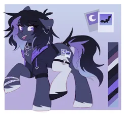 Size: 2048x1844 | Tagged: safe, artist:cheekipone, ponerpics import, oc, oc:visual key, unofficial characters only, earth pony, pony, bracelet, choker, clothes, color palette, cutie mark, ear piercing, earth pony oc, eye clipping through hair, eyebrows visible through hair, eyeshadow, female, floppy ears, garter, heart, image, jacket, jewelry, makeup, mare, necklace, passepartout, piercing, png, raised hoof, raised leg, reference sheet, smiling, socks (coat marking), solo, standing, tail wrap, tongue out, unshorn fetlocks, writing