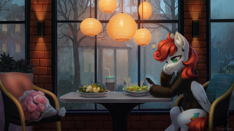 Size: 3072x1728 | Tagged: safe, artist:inowiseei, derpibooru import, oc, unofficial characters only, pegasus, image, png, rain, restaurant