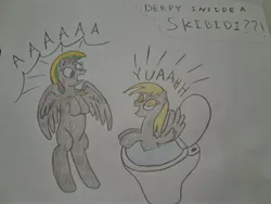 Size: 4080x3060 | Tagged: safe, artist:icey, derpibooru import, derpy hooves, oc, alicorn, g4, alicorn oc, gray body, horn, image, jpeg, scared, shout, skibidi toilet, wings