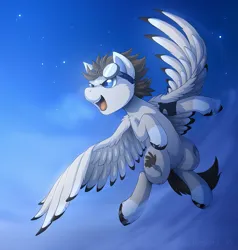 Size: 1080x1136 | Tagged: safe, artist:hioshiru, derpibooru import, oc, unofficial characters only, pegasus, pony, both cutie marks, cheek fluff, chest fluff, cloud, coat markings, colored hooves, colored pupils, colored wings, colored wingtips, digital art, ear fluff, fluffy, flying, goggles, hooves, image, leg fluff, male, open mouth, outdoors, png, sky, socks (coat marking), solo, spread wings, stallion, starry night, unshorn fetlocks, wing fluff, wings